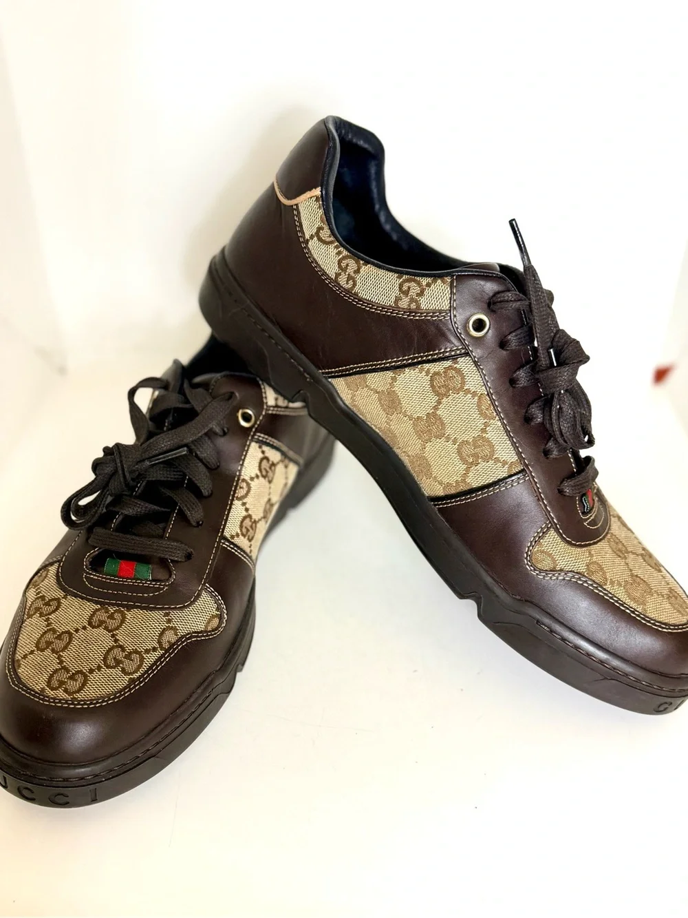 Gucci Brown GG Canvas & Dark Brown Leather Sneakers with Green-Red Web Size 8